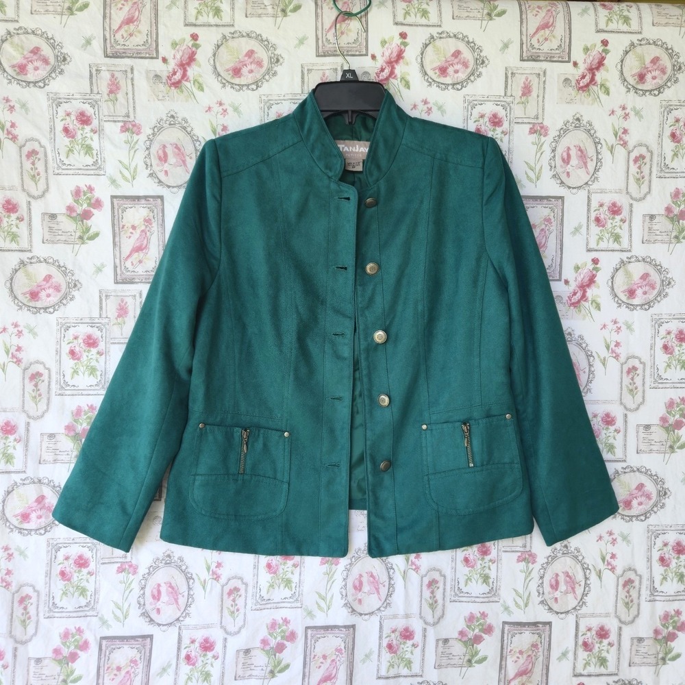 Tanjay Petites 8P Teal Green Faux Suede Button Up Jacket Mandarin Collar Lined